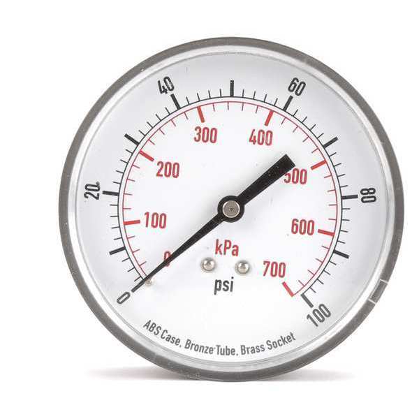 Zoro Select Pressure Gauge, 0 to 100 psi, 1/4 in MNPT, Plastic, Black 4FMG4