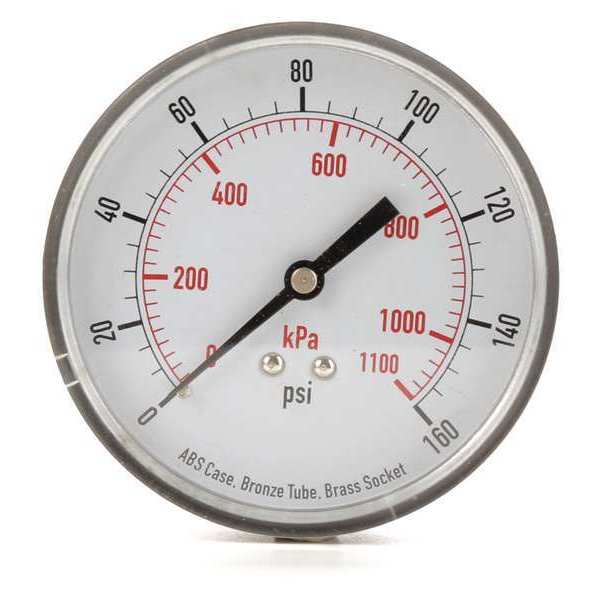 Zoro Select Pressure Gauge, 0 to 160 psi, 1/4 in MNPT, Plastic, Black 4FMG5