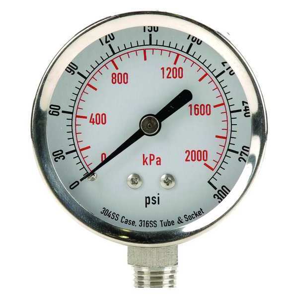 Zoro Select Pressure Gauge, 0 to 300 psi, 1/4 in MNPT, Stainless Steel, Silver 4FMN6
