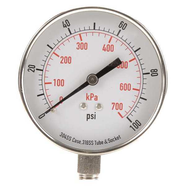 Zoro Select Pressure Gauge, 0 to 100 psi, 1/4 in MNPT, Stainless Steel, Silver 4FMP8