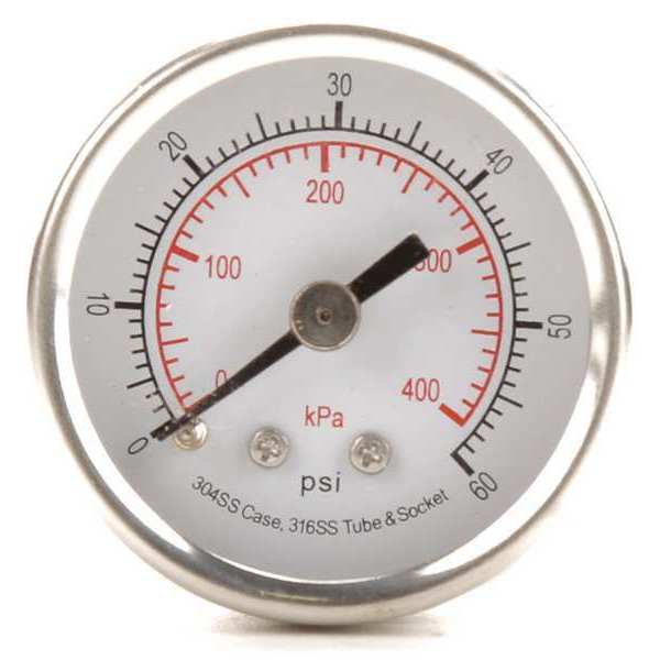 Zoro Select Pressure Gauge, 0 to 60 psi, 1/8 in MNPT, Stainless Steel, Silver 4FMT3