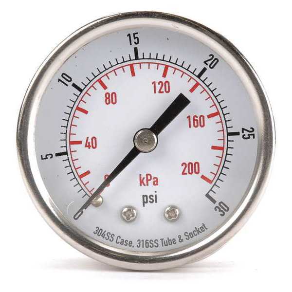 Zoro Select Pressure Gauge, 0 to 30 psi, 1/4 in MNPT, Stainless Steel, Silver 4FMU7