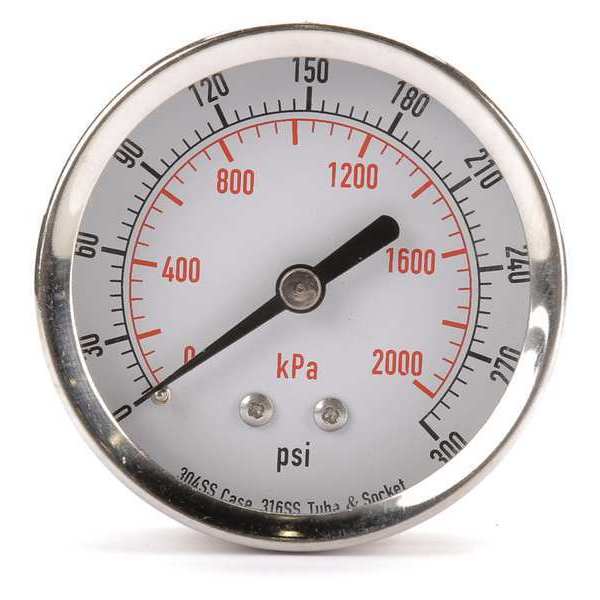 Zoro Select Pressure Gauge, 0 to 300 psi, 1/4 in MNPT, Stainless Steel, Silver 4FMW8