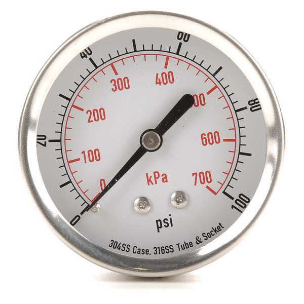 Zoro Select Pressure Gauge, 0 to 100 psi, 1/4 in MNPT, Stainless Steel, Silver 4FMW5