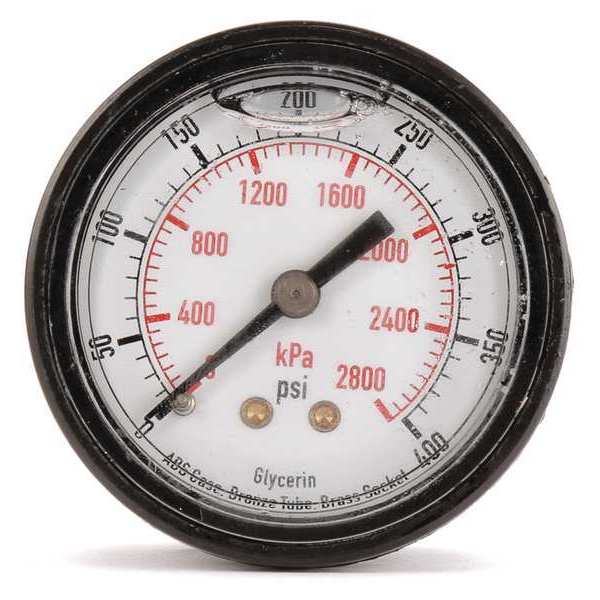 Zoro Select Pressure Gauge, 0 to 30 psi, 1/4 in MNPT, Plastic, Black 4FMC4