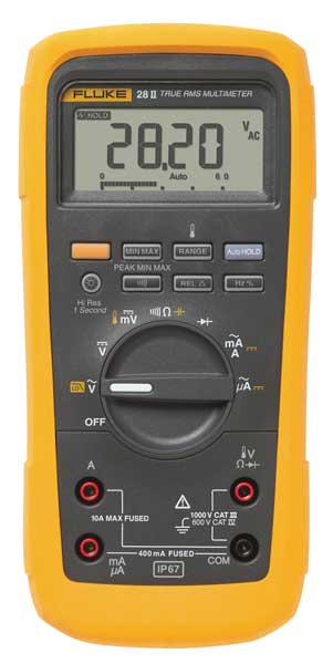 Fluke Digital Multimeter, 1,000 Max. AC Volts, 1,000 Max. DC Volts, 10 Max. AC Amps, 10 Max. DC Amps FLUKE-28II/CWG