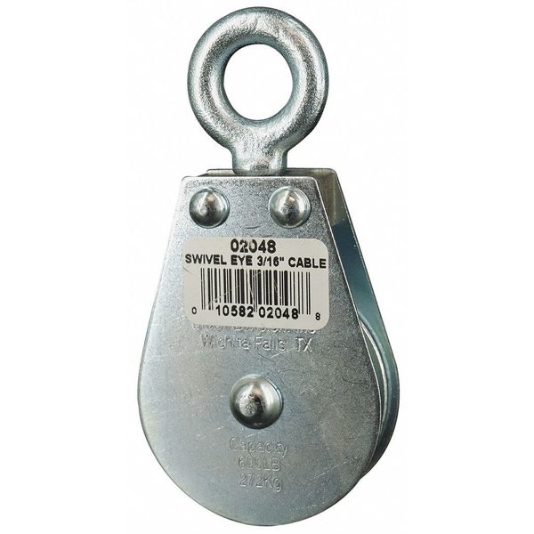 Zoro Select Pulley Block, Wire Rope, 3/16 in Max Cable Size, 600 lb Max Load, Zinc Plated 4JX68