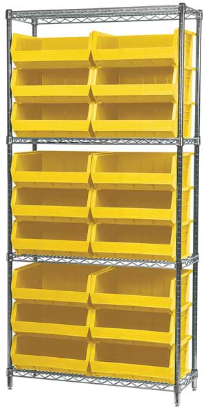 Akro-Mils Steel Wire Bin Shelving, 36 in W x 74 in H x 14 in D, 4 Shelves, Silver/Yellow AWS143630250Y