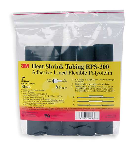 3M Shrink Tubing, 0.25in ID, Black, 6in, PK10 EPS300-1/4-6"-BLACK-10-10 PC PKS