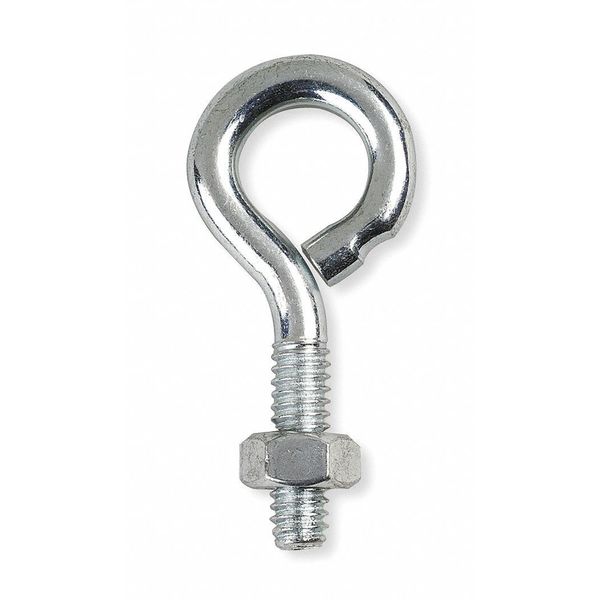 Zoro Select Routing Eye Bolt Without Shoulder, 3/8"-16, 2 in Shank, 3/4 in ID, Steel, Zinc Plated, 10 PK 071451