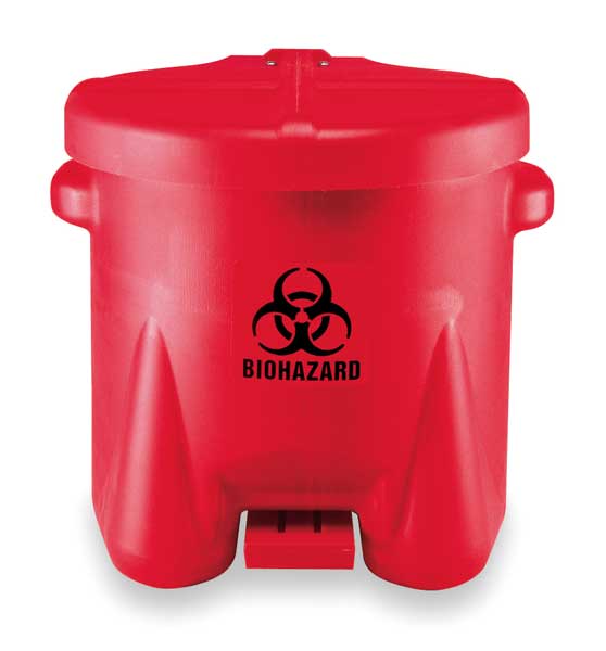 Eagle Mfg Biohazard Step On Waste Can, 10 Gallon Capacity, Polyethylene, Red, 18 in Width x 18 in Height 945BIO