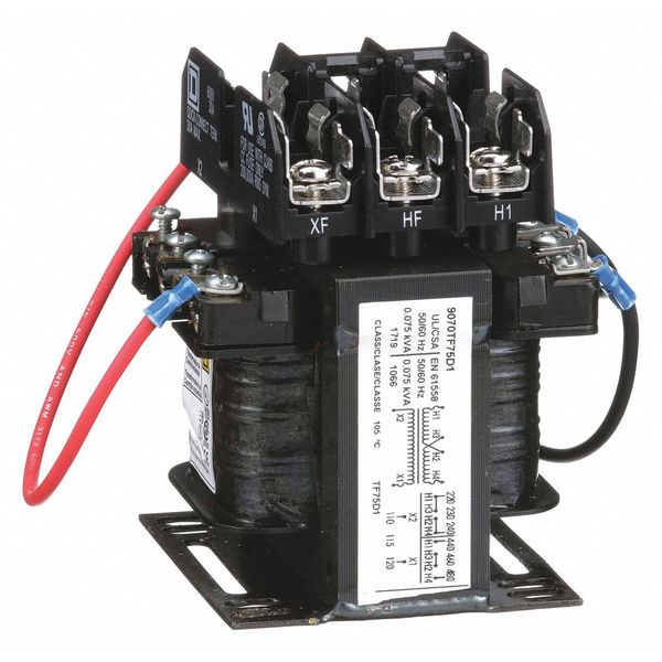 Square D Control Transformer, 75 VA, Not Rated, 55°C, 120V AC, 240/480V AC 9070TF75D1