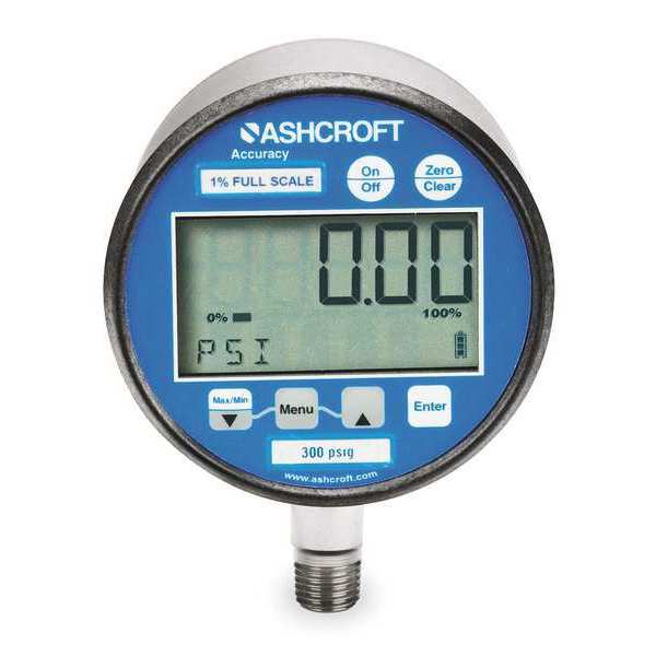 Ashcroft Digital Pressure Gauge, 0 to 30 psi, 1/4 in MNPT, Metal, Gray 302074SD02L30BL