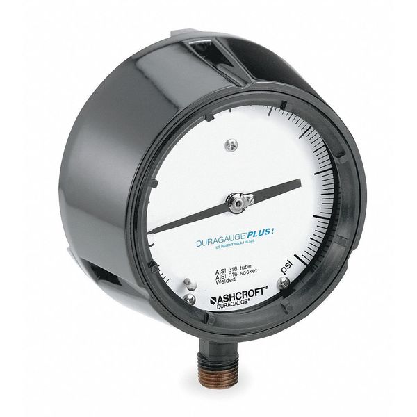 Ashcroft Pressure Gauge, 0 to 30 psi, 1/2 in MNPT, Plastic, Black 451279SS04LXLL30