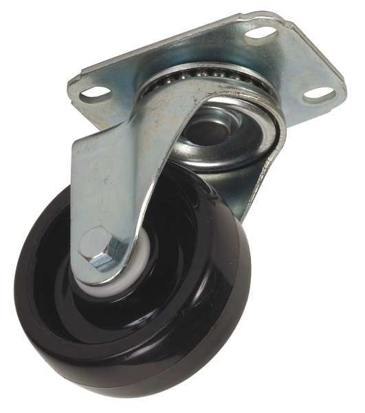 Zoro Select Swivel NSF-Listed Plate Caster, Polyolfin, 4 in, 275 lb, Blk 4W912