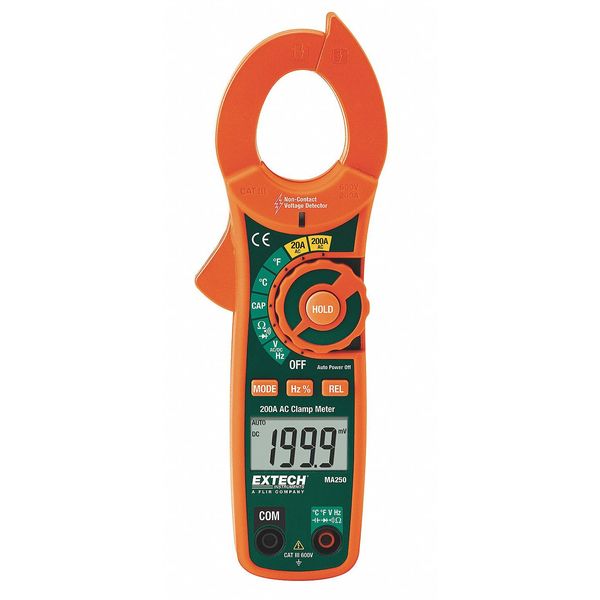 Extech Clamp Meter, LCD, 200 A, 1.3" (33mm) Jaw Capacity, CAT III 600V, CAT II 1000V Safety Rating MA250