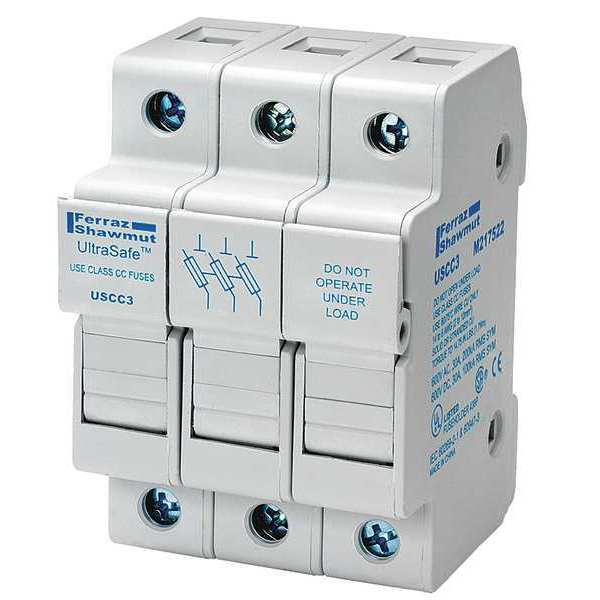 Mersen Finger Safe Fuse Block, CC UL Class, 3 Poles, 30A Amp Range, 600V AC/DC Volt Rating USCC3