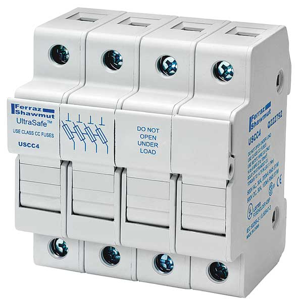 Mersen Finger Safe Fuse Block, CC UL Class, 4 Poles, 30A Amp Range, 600V AC/DC Volt Rating USCC4