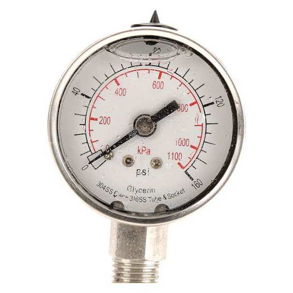 Zoro Select Pressure Gauge, 0 to 160 psi, 1/4 in MNPT, Stainless Steel, Silver 4CFF9