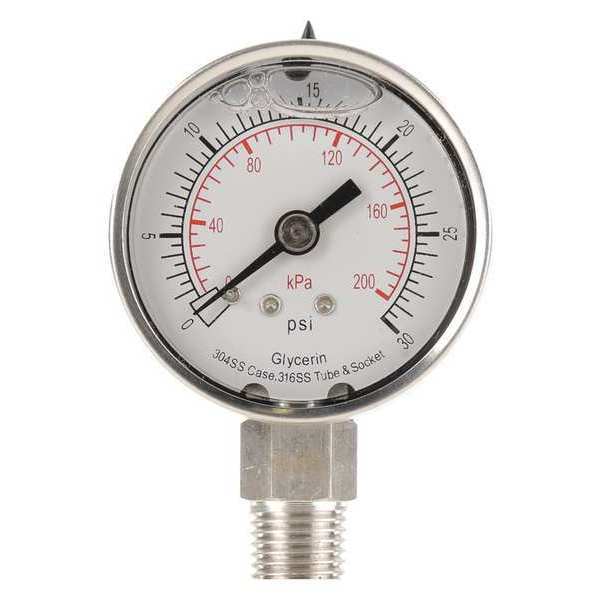 Zoro Select Pressure Gauge, 0 to 30 psi, 1/4 in MNPT, Stainless Steel, Silver 4CFF6