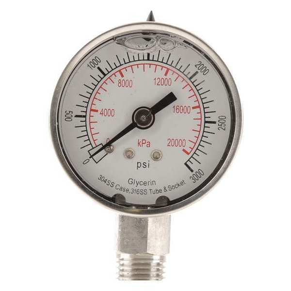 Zoro Select Pressure Gauge, 0 to 3000 psi, 1/4 in MNPT, Stainless Steel, Silver 4CFG7