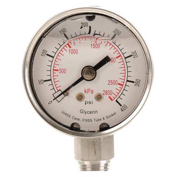Zoro Select Pressure Gauge, 0 to 400 psi, 1/4 in MNPT, Stainless Steel, Silver 4CFG3