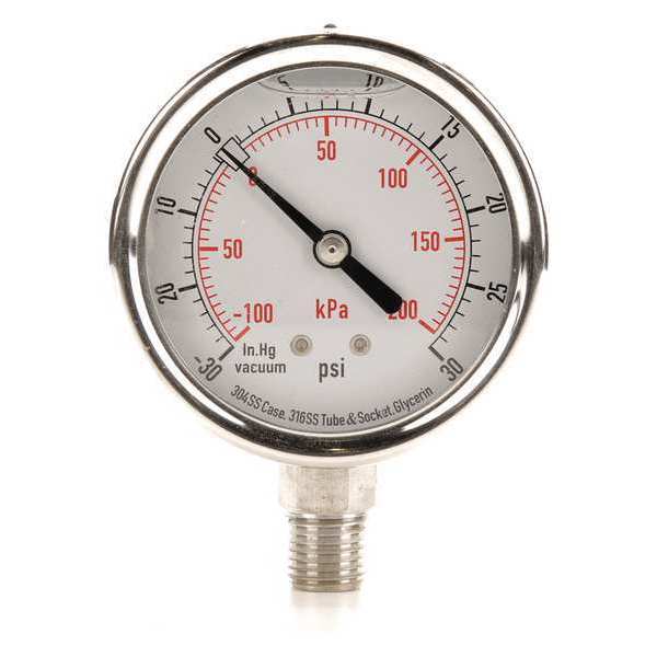 Zoro Select Compound Gauge, -30 to 0 to 30 in Hg/psi, 1/4 in MNPT, Stainless Steel, Silver 4CFH1