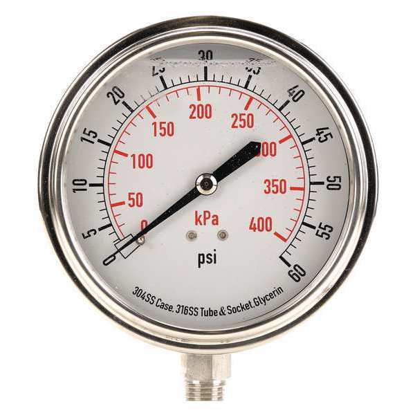 Zoro Select Pressure Gauge, 0 to 60 psi, 1/4 in MNPT, Stainless Steel, Silver 4CFJ8