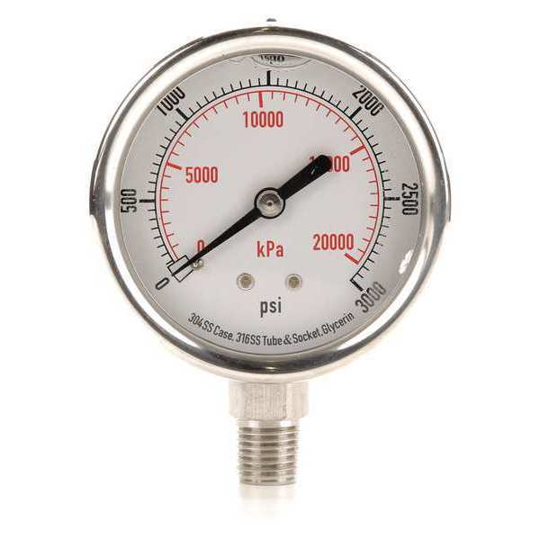 Zoro Select Pressure Gauge, 0 to 3000 psi, 1/4 in MNPT, Stainless Steel, Silver 4CFJ3
