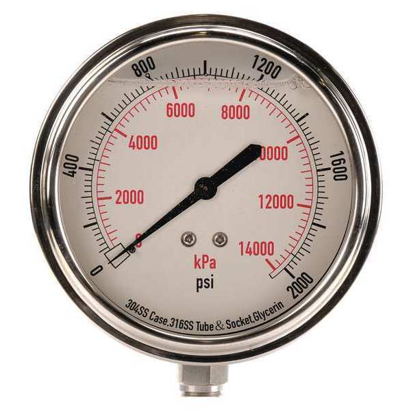 Zoro Select Pressure Gauge, 0 to 2000 psi, 1/4 in MNPT, Stainless Steel, Silver 4CFK7