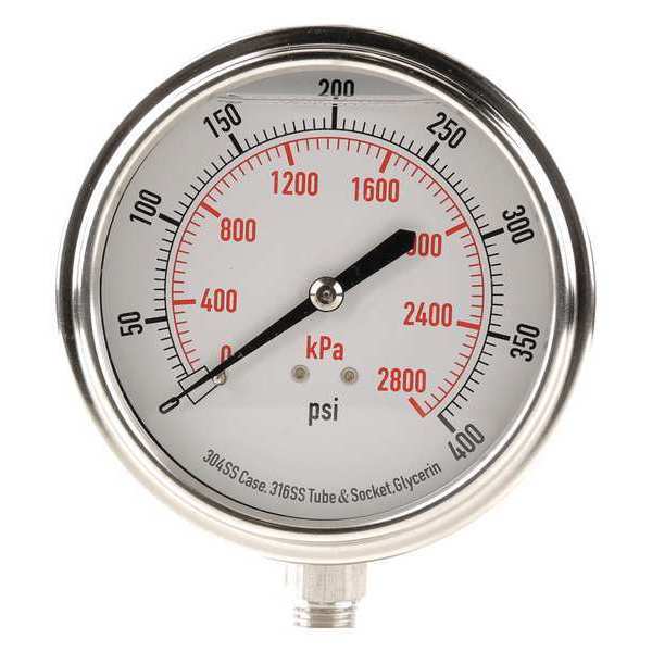 Zoro Select Pressure Gauge, 0 to 400 psi, 1/4 in MNPT, Stainless Steel, Silver 4CFK4