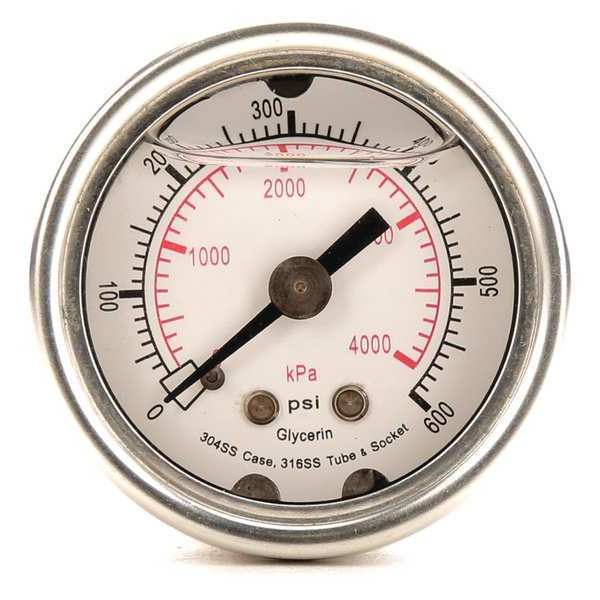 Zoro Select Pressure Gauge, 0 to 600 psi, 1/8 in MNPT, Stainless Steel, Silver 4CFN1