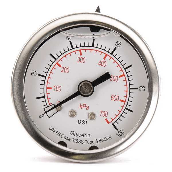 Zoro Select Pressure Gauge, 0 to 100 psi, 1/4 in MNPT, Stainless Steel, Silver 4CFP1