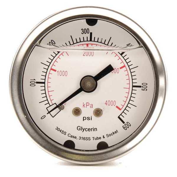 Zoro Select Pressure Gauge, 0 to 600 psi, 1/4 in MNPT, Stainless Steel, Silver 4CFP6