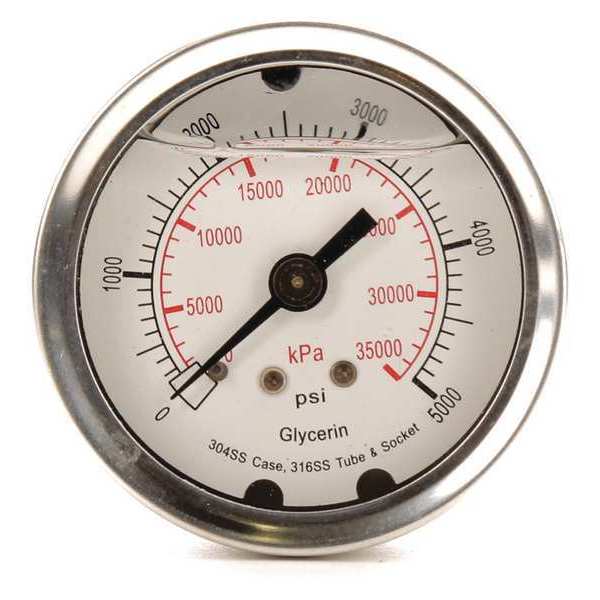 Zoro Select Pressure Gauge, 0 to 5000 psi, 1/4 in MNPT, Stainless Steel, Silver 4CFR1