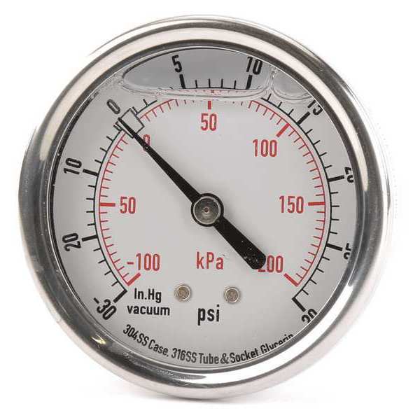 Zoro Select Compound Gauge, -30 to 0 to 30 in Hg/psi, 1/4 in MNPT, Stainless Steel, Silver 4CFR3
