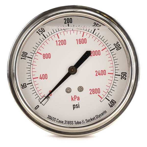 Zoro Select Pressure Gauge, 0 to 400 psi, 1/4 in MNPT, Stainless Steel, Silver 4CFV6