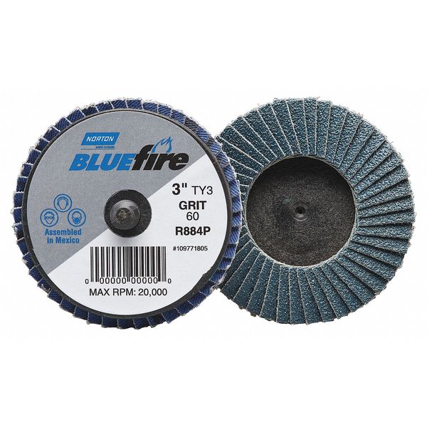 Norton Abrasives Flap Disc, Med, Grit 60, TY 3, 3in, Bluefire 77696090172