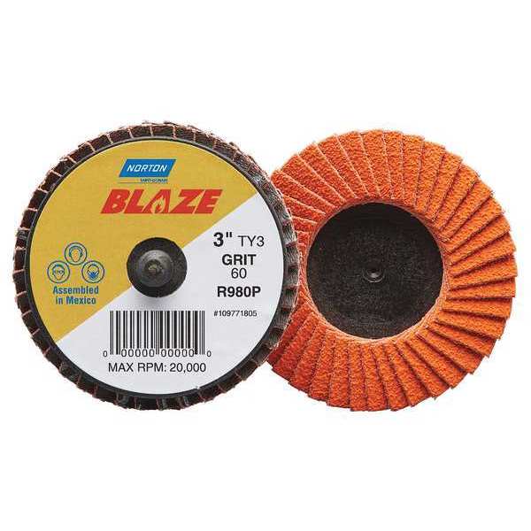 Norton Abrasives Flap Disc, Med, Grit 60, TY 3, 3in, Blaze 77696090152