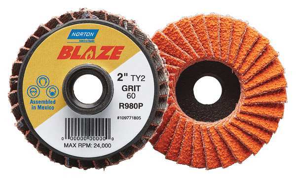 Norton Abrasives Flap Disc, Med, Grit 60, TY 2, 3in, Blaze 77696090162