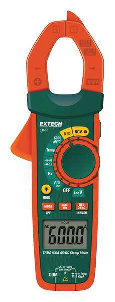 Extech Clamp Meter, Backlit LCD, 600 A, 1.2 in (30 mm) Jaw Capacity, Cat III 600V Safety Rating EX655
