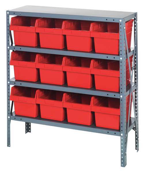 Quantum Storage Systems Steel Bin Shelving, 36 in W x 39 in H x 12 in D, 4 Shelves, Red 1239-SB807RD