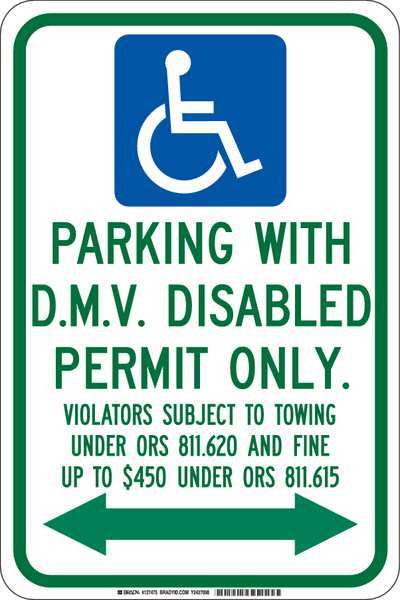 Brady Handicap Parking Sign, 18"H, 12"W, Alum, 127473 127473
