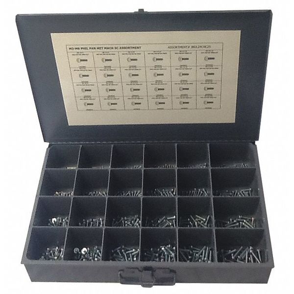 Zoro Select Screw Assortment, Steel, Zinc Plated Finish JBDL24CNC25