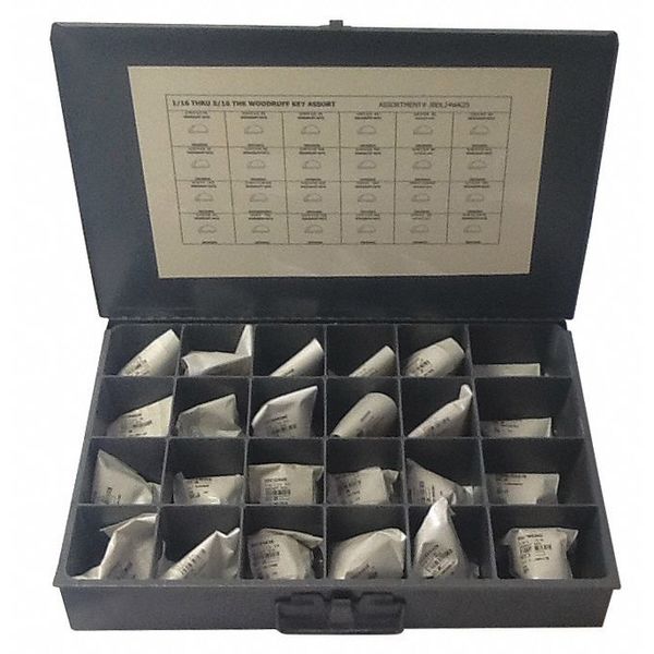 Zoro Select Oversized Woodruff Key Assortment, 1035 Steel, Plain, 600 Pieces, +0.001 in Thick Tolerance JBDL24WK25