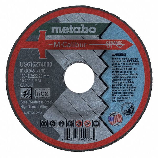 Metabo Cutting Wheel, T27, CA46U, 6"X0.045"X7/8" US616274000