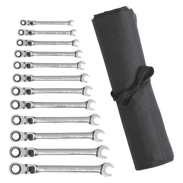 Gearwrench 12 Pc. 12 Pt XL Lck Flex Head RAT Comb MET Wrench Set with Tool Roll 85698R