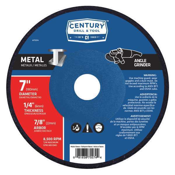 Century Drill & Tool Metal Grinding Wheel, 7x1/4 in., Type 27, Arbor Hole Size: 7/8" 75574