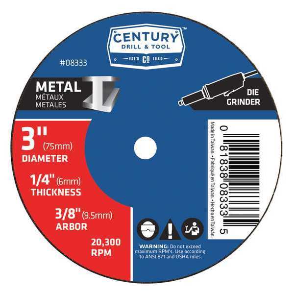Century Drill & Tool Metal Cuttoff Wheel, 3x1/4 in., Type 1 08333