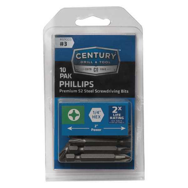 Century Drill & Tool Phillips Power Screwdriver Bit, 3 10Pk 69003